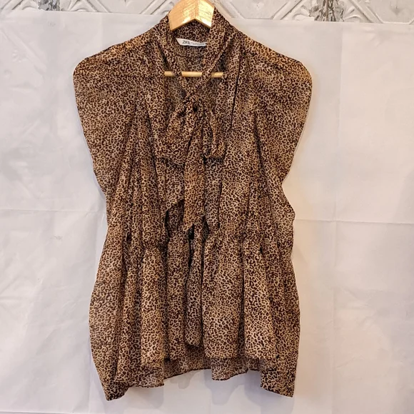 ZARA LEOPARD PRINT PUSSYCAT BOW TIE 90'S STYLE BLOUSE IN BLACK/BROWN SZ M - Picture 2 of 15